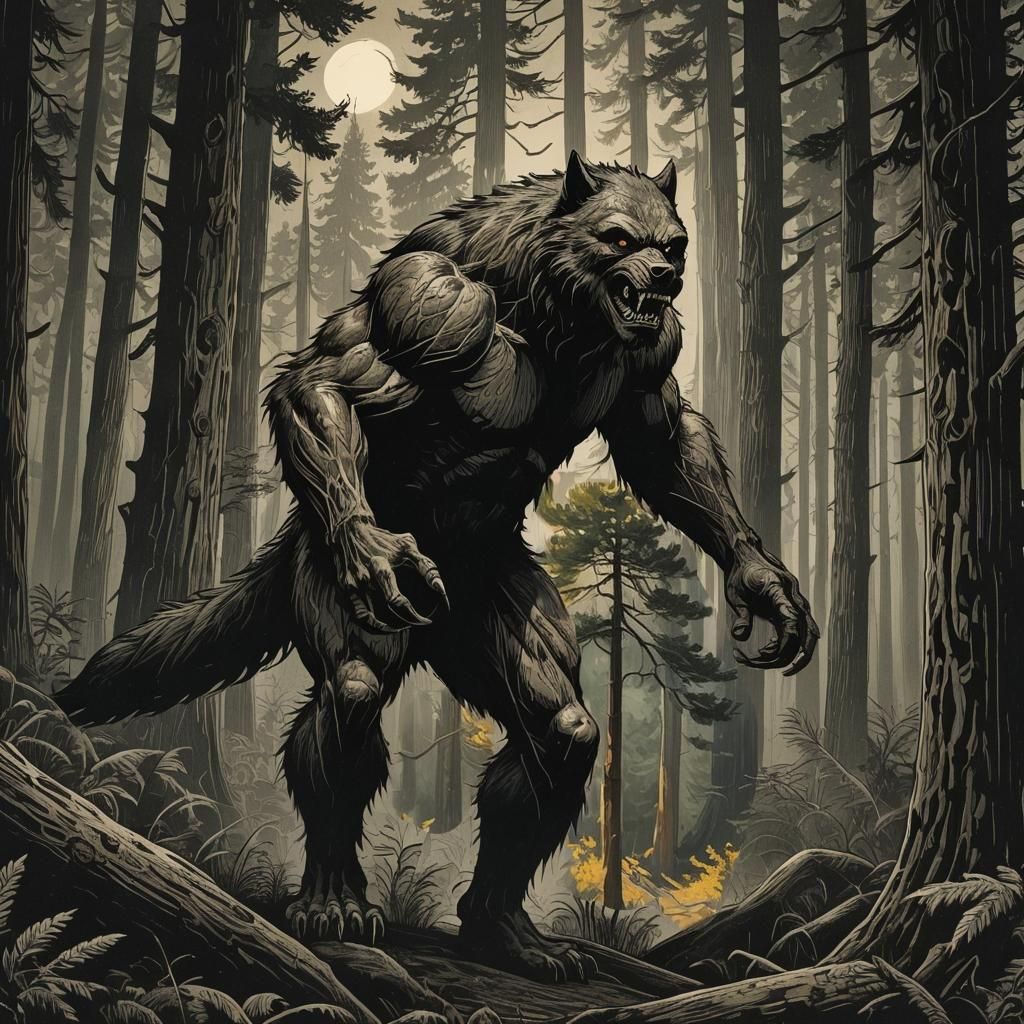 Muscular Werewolf Hunting in Pine Forest Woodcut