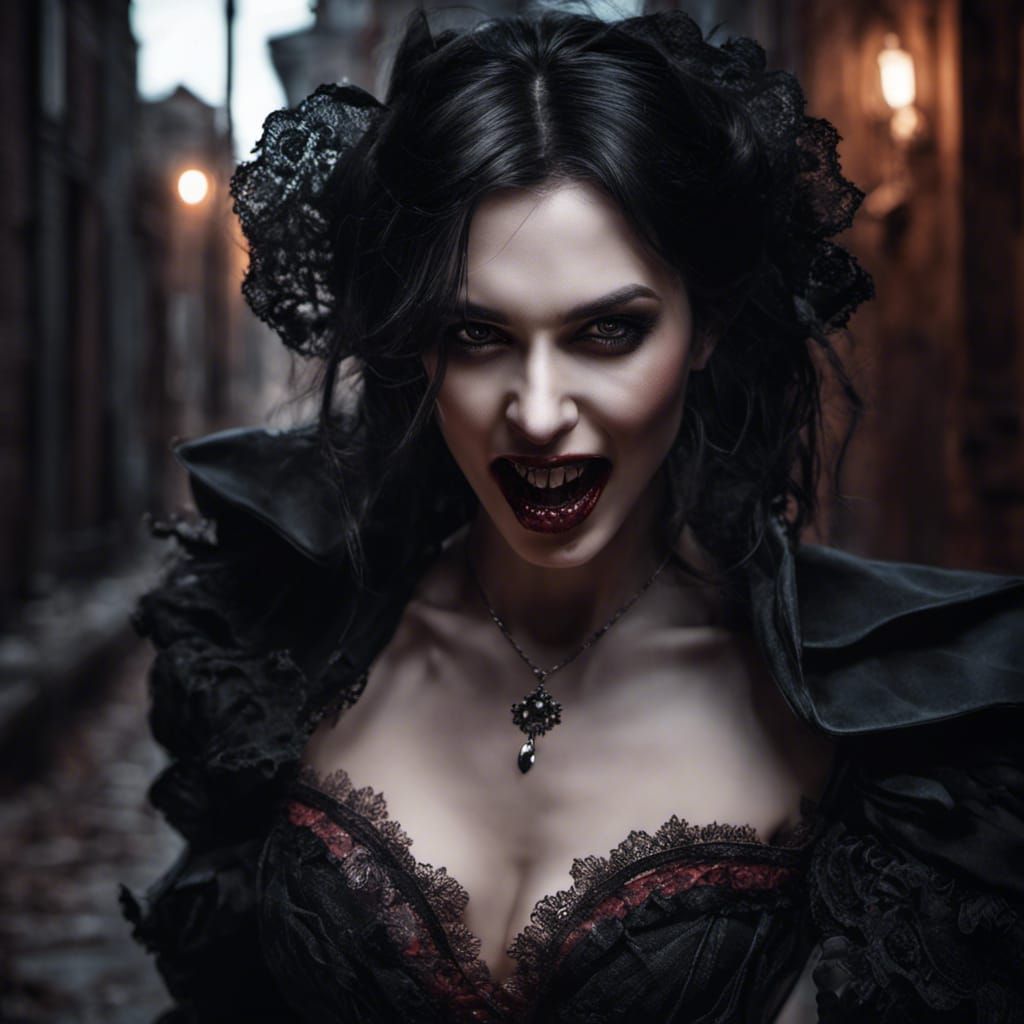 Vampire Woman Bites Viewer in Victorian Alley at Night