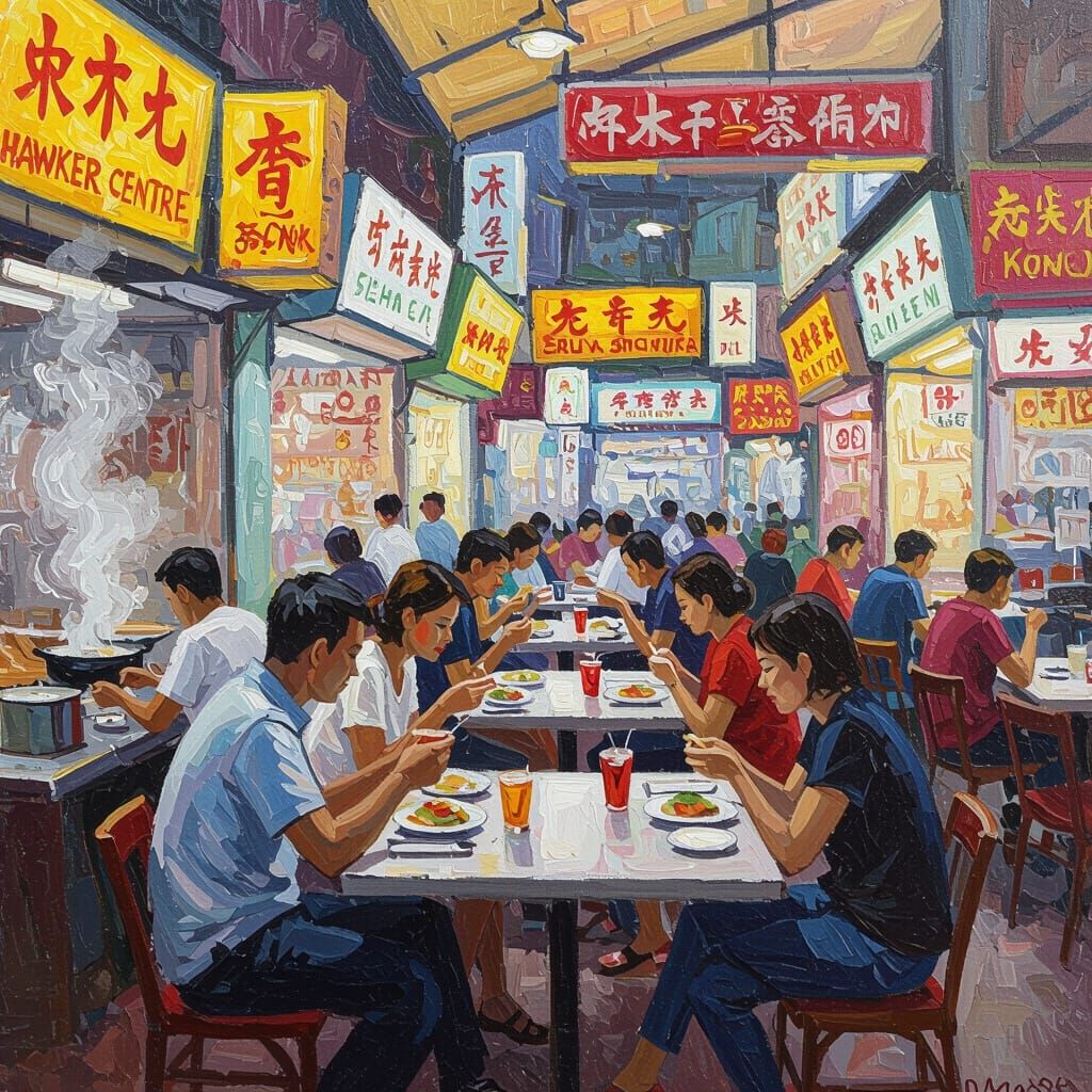 Vibrant Dining at Maxwell Hawker Centre, Impressionistic Sty...