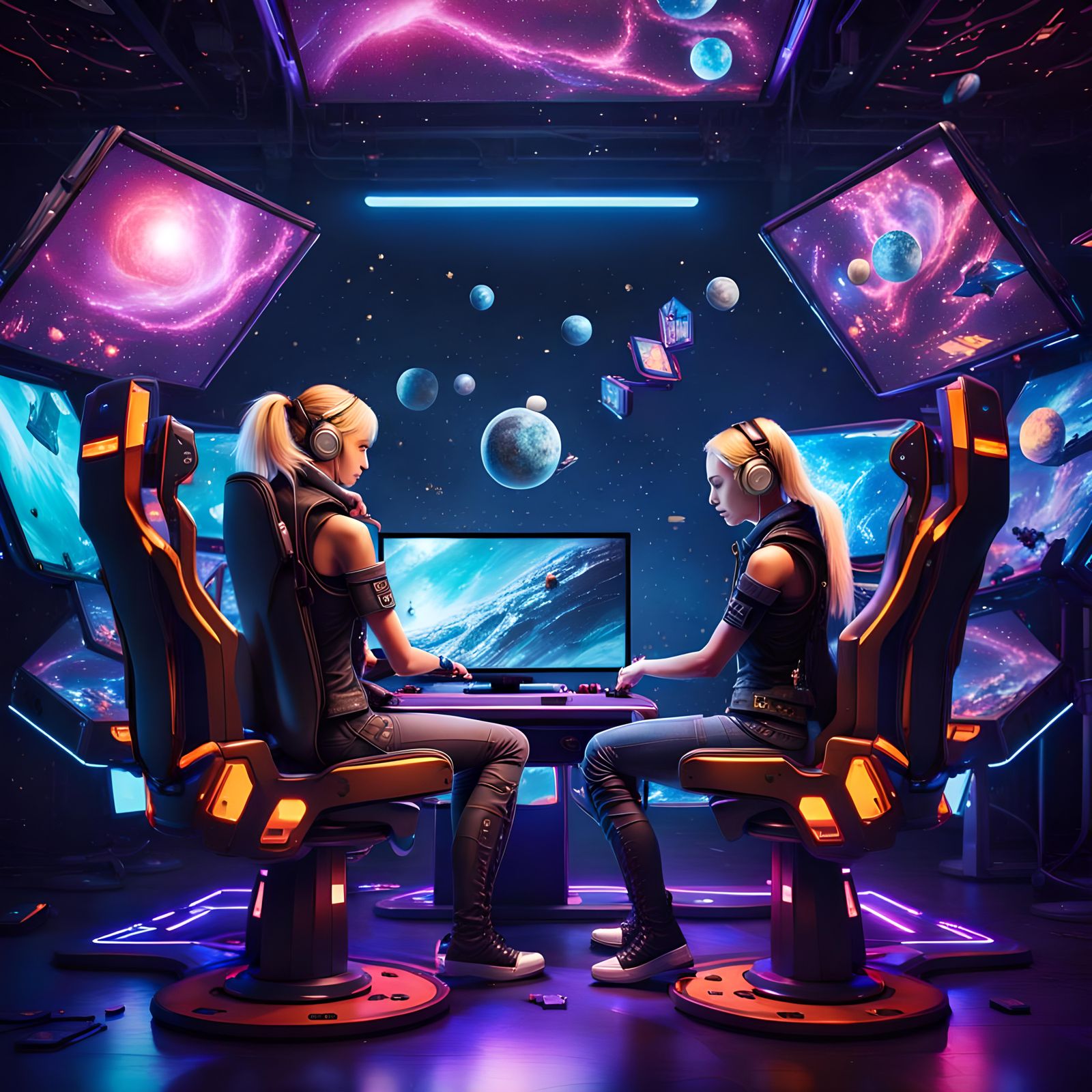 Chloe Meets Lucy ad sci-fi Gaming-con, by Lord Elboron