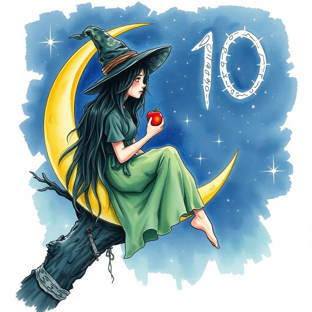 Forest Witch on Moon with Starry Number