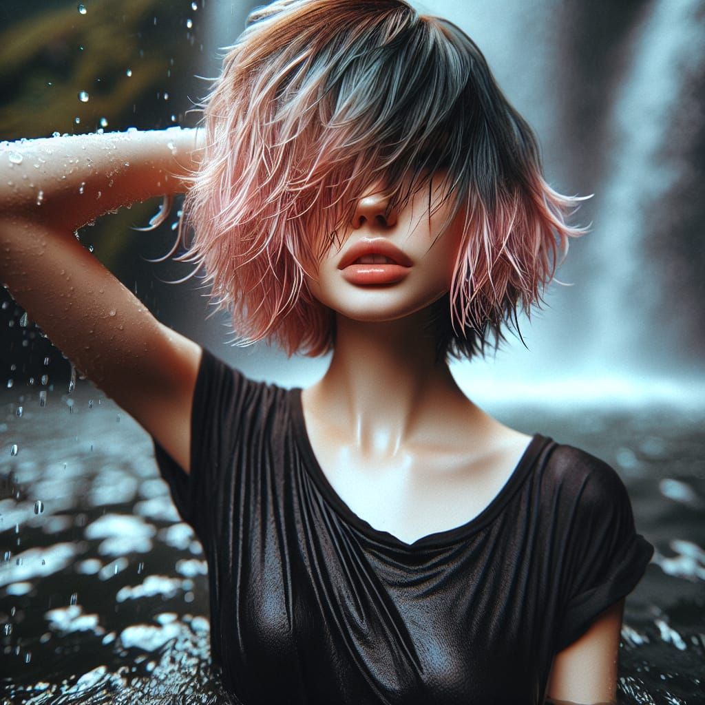 Ethereal Emoscene Woman Amidst Waterfall's Whisper