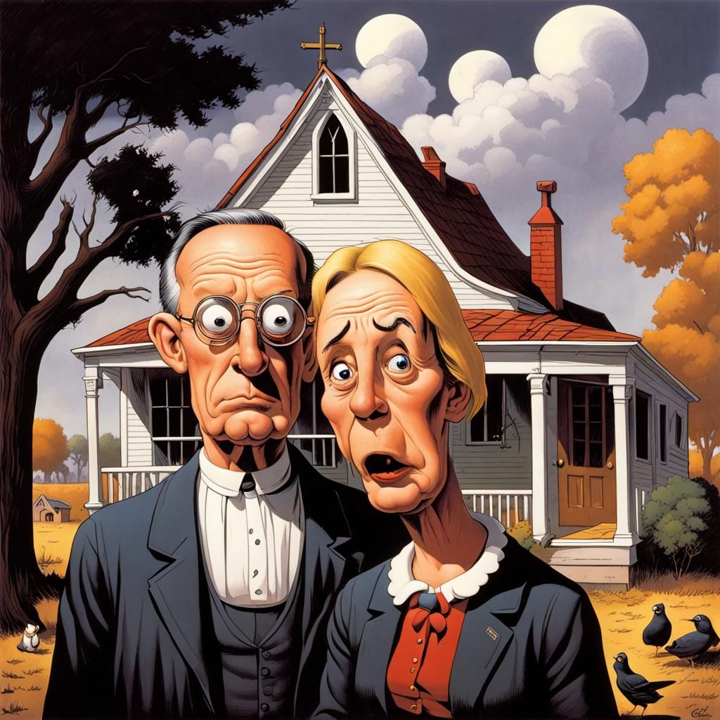 American Gothic Reimagined as Cartoon Art