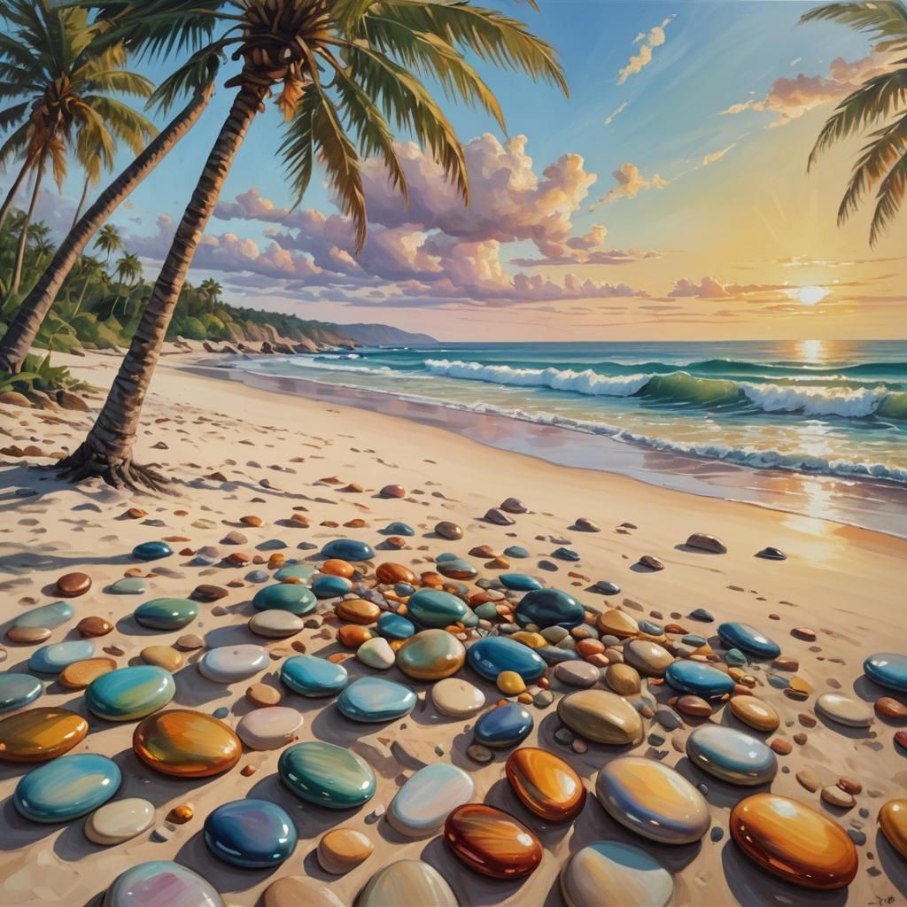 Tranquil Beach: Vibrant Oil Painting of a Tropical Paradise
