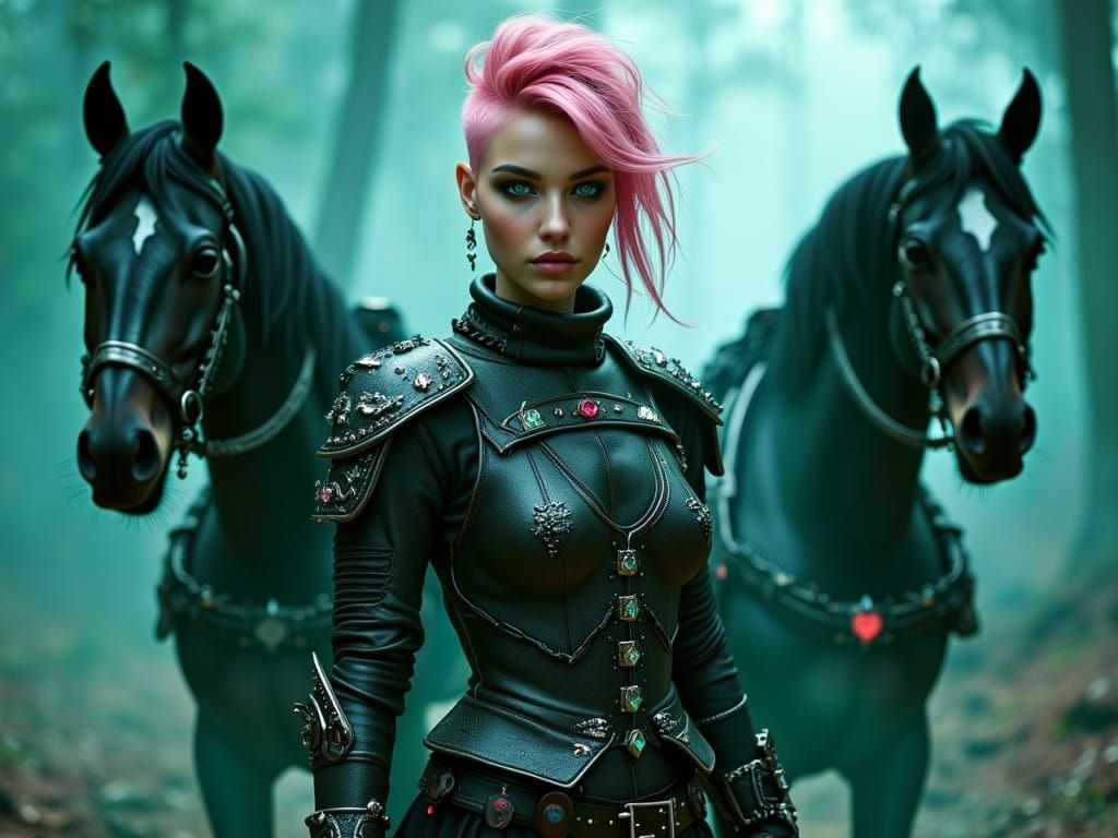 Gothic Warrior in Dark Forest with Majestic Horses