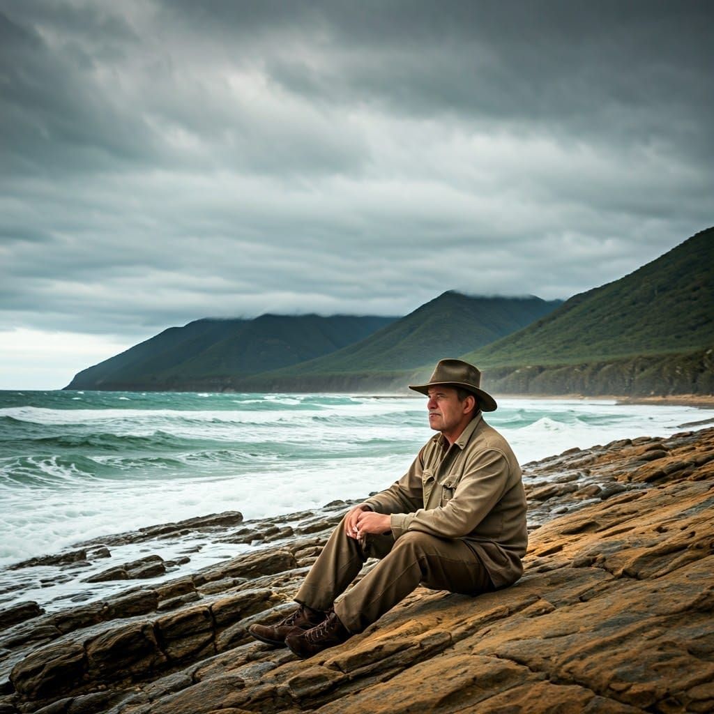 Geologist Contemplates Stormy Sea, Cinematic Coastal Scene