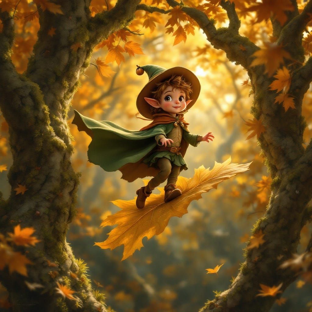 Elf's Autumn Journey in Vintage Illustration Style