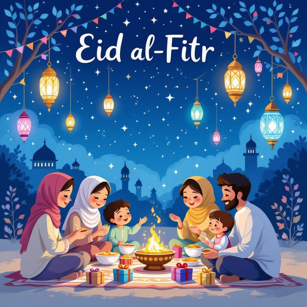 Joyful Eid al-Fitr Celebrations Under Starry Lanterns