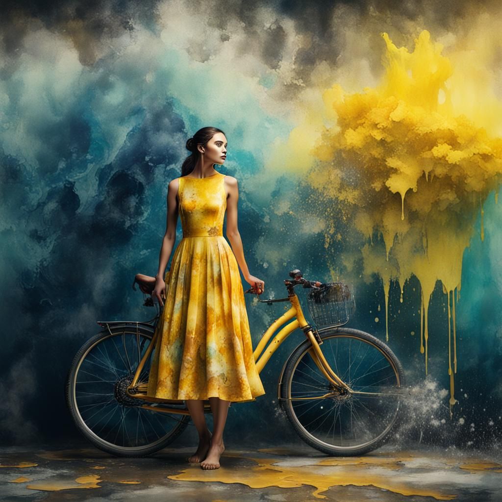 Woman in Watercolor Dress with Bike, Detailed Matte Painting