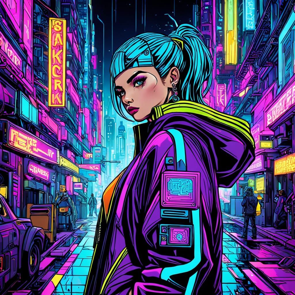 Cyberpunk City Rebel in Retrofuturistic Hacker Attire