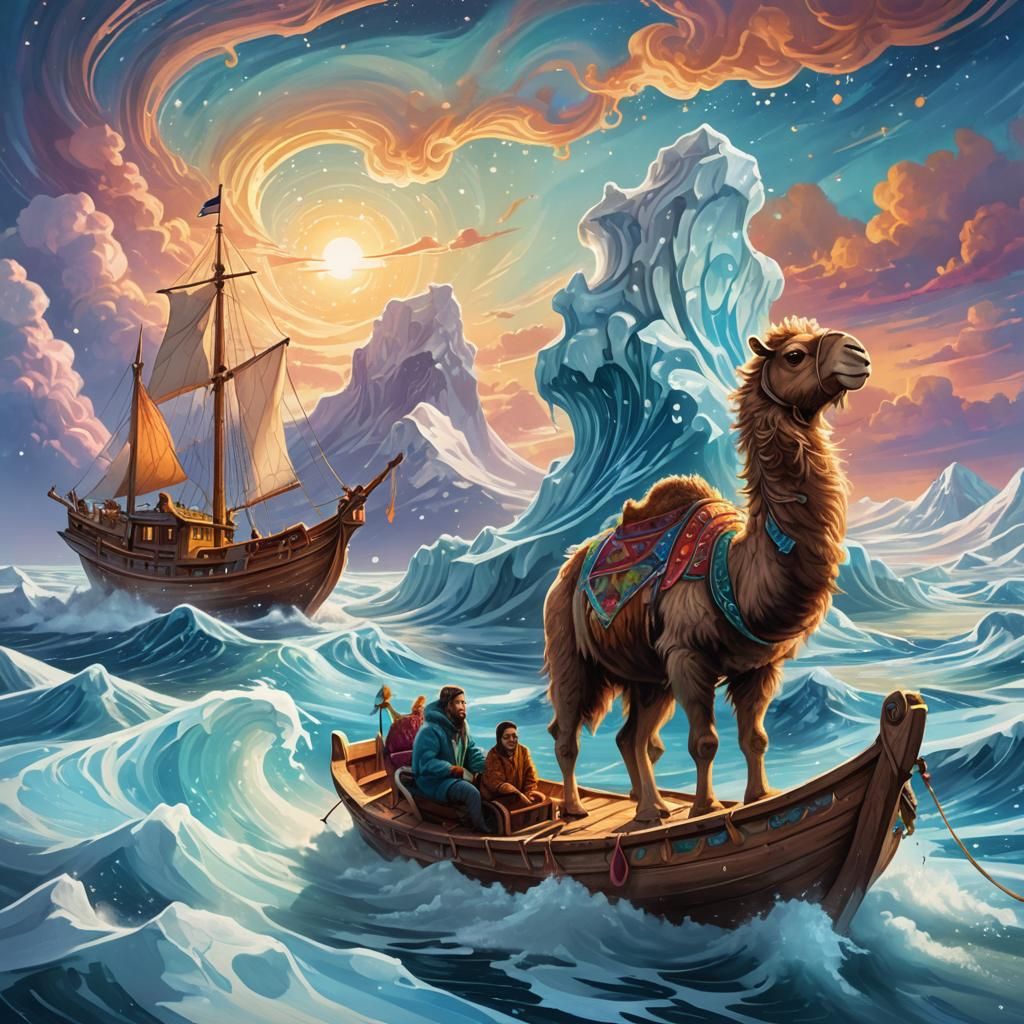 Arctic Camel and Llama Sailing in Dreamlike Arctic Scene