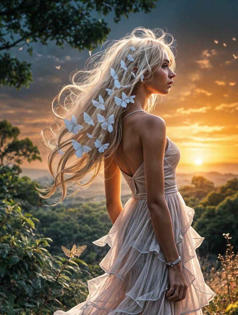 Woman with Butterflies Obscuring Her Hair