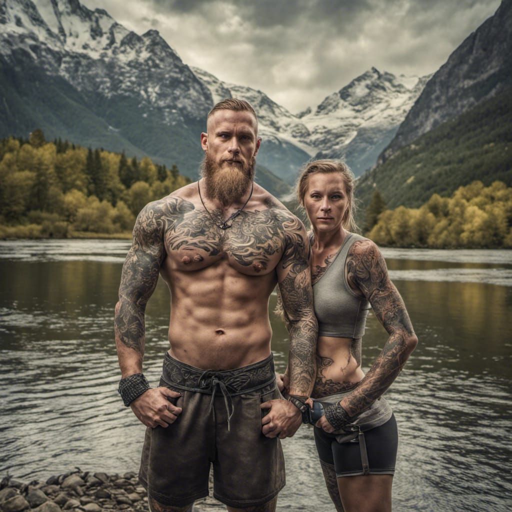 Viking Tattooed Athletes by Mountain River