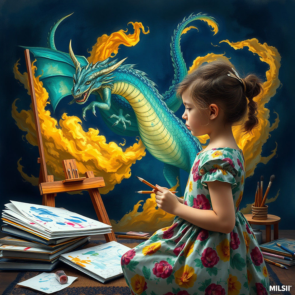 Dragon Bursting from Canvas in Digital Art Style