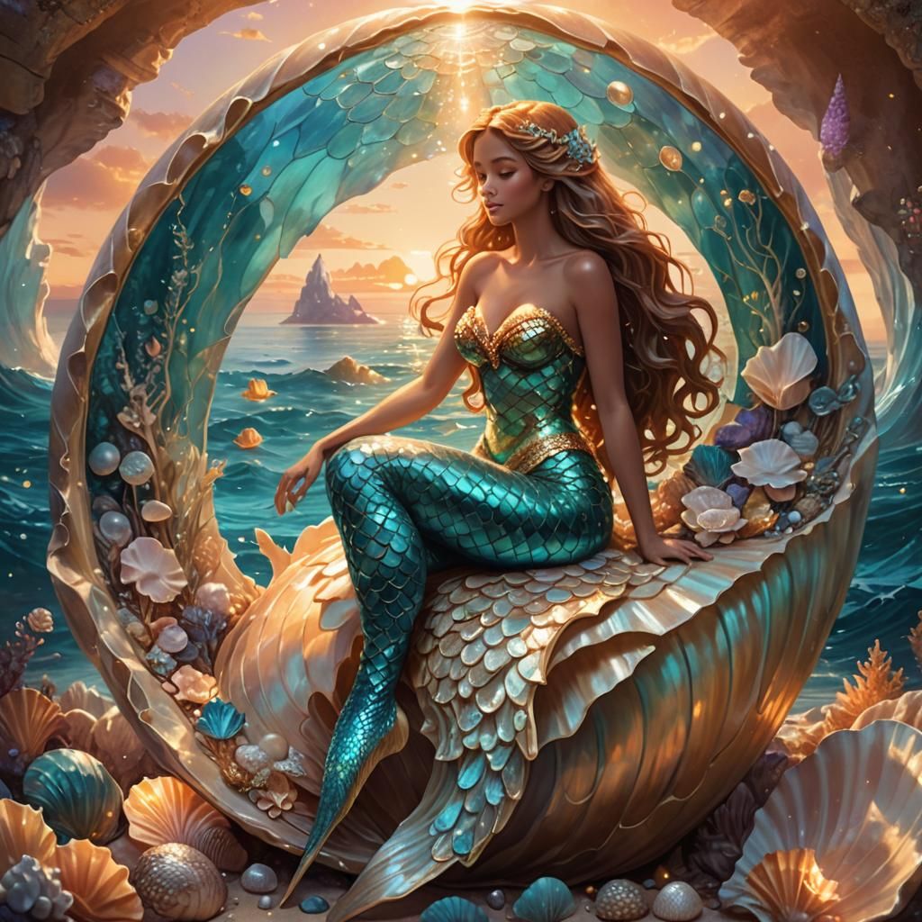 Mermaid in Giant Shell Under Golden Light