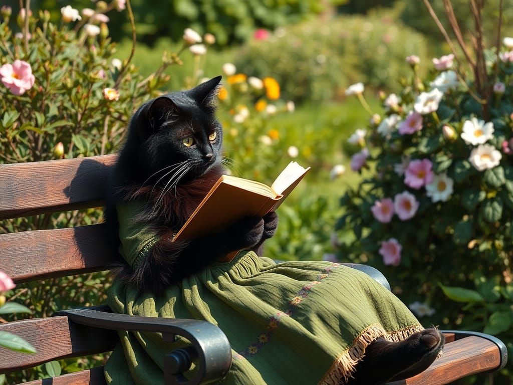 Anthropomorphic Black Cat Reading in English Garden