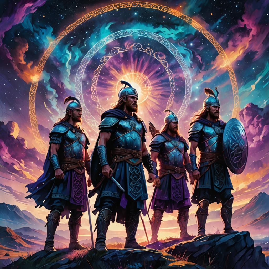 Celtic Warriors Staring at Belenus in Cosmic Oil Painting