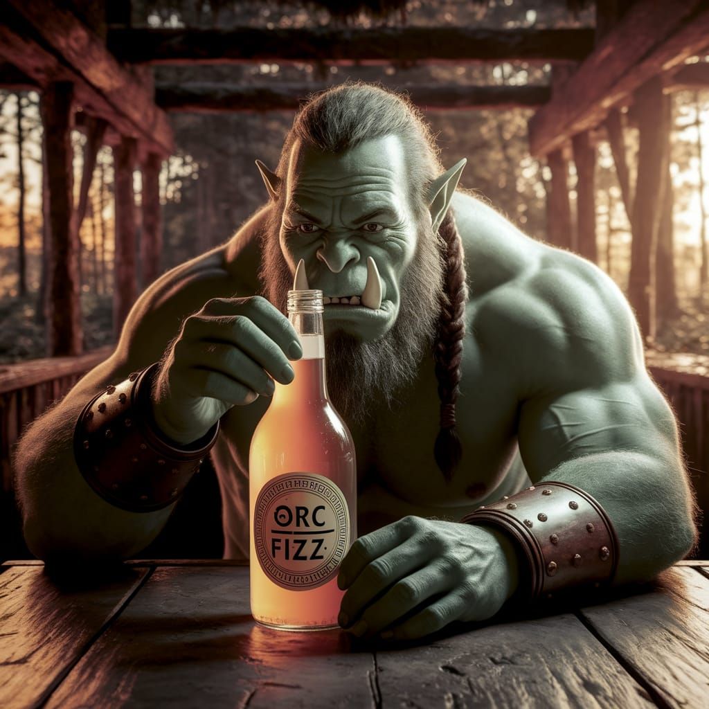 Orc Enjoys Soda Pop in Sunlit Ancient Forest
