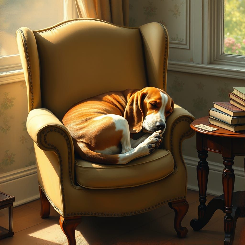 Sleepy Basset Hound on Antique Armchair in Golden Hour Light