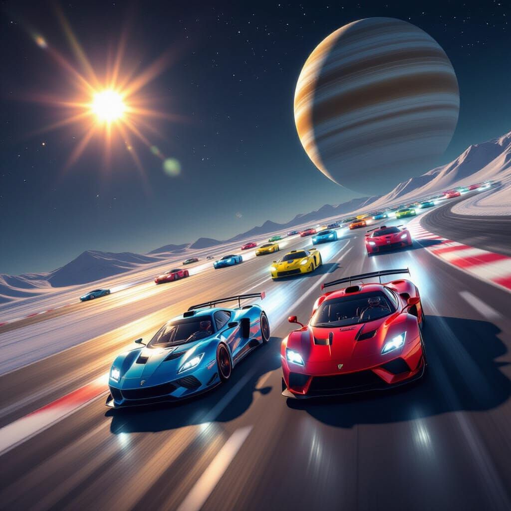 Futuristic Cars Race Through Saturn's Rings