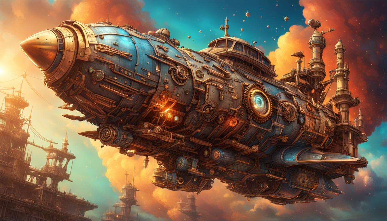 Steampunk Spaceship Concept Art in Hyperrealistic Style