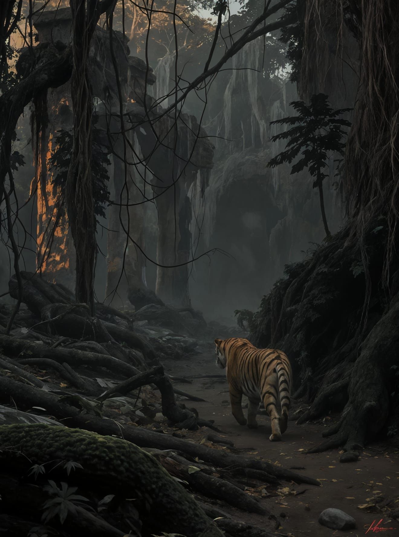 Majestic Copper Tiger in Twilight Jungle Ruins