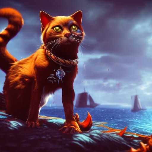 Pirate Cat in Seafight: Detailed Matte Painting