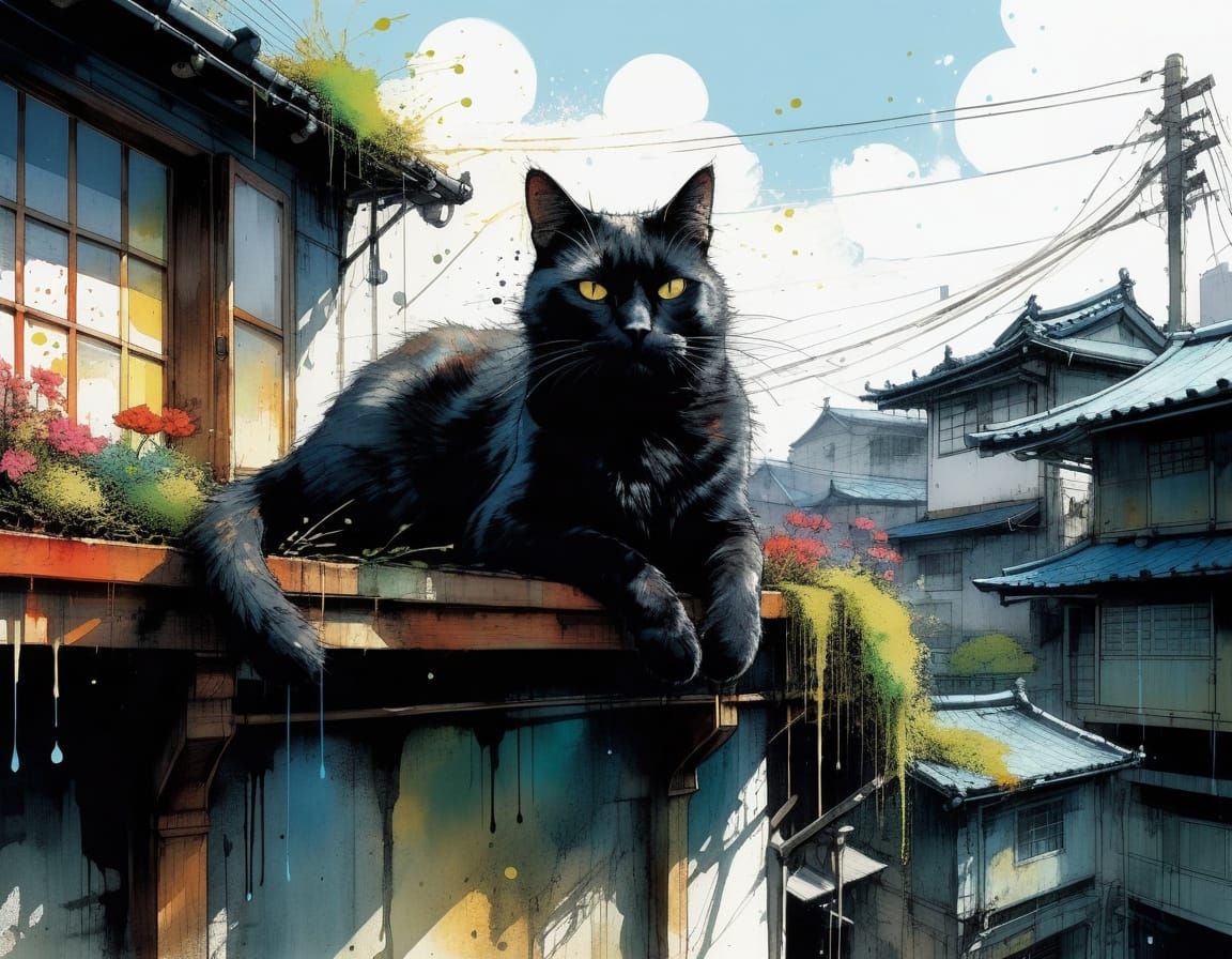 Black Cat on Japanese Roof: Watercolor Ghibli Illustration