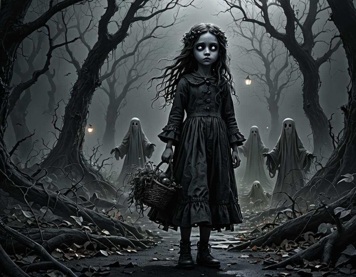 Ethereal Ghost Girl Sketching in Dark Tim Burton Style