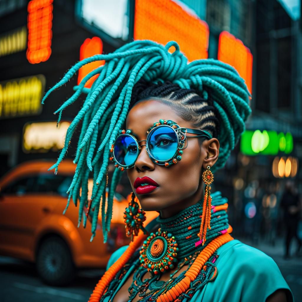Cyberpunk Model in Neon Crochet Haute Couture Dress