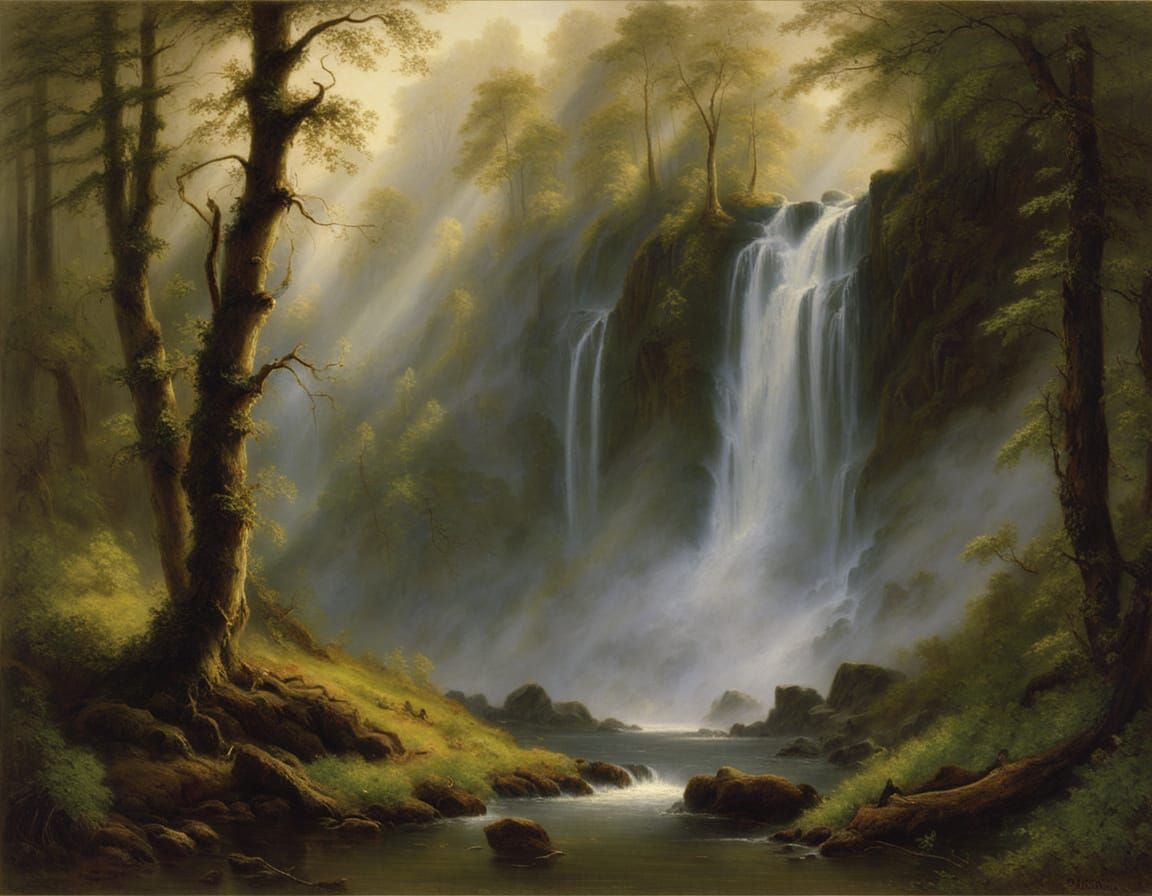 Waterfall in Forest: Classical Realism Oil Painting