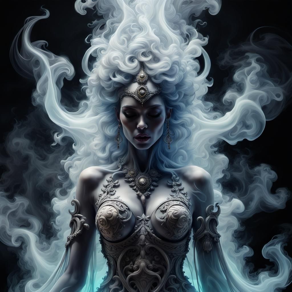 Ethereal Smoke Goddess Arising from Crypt in Digital Art