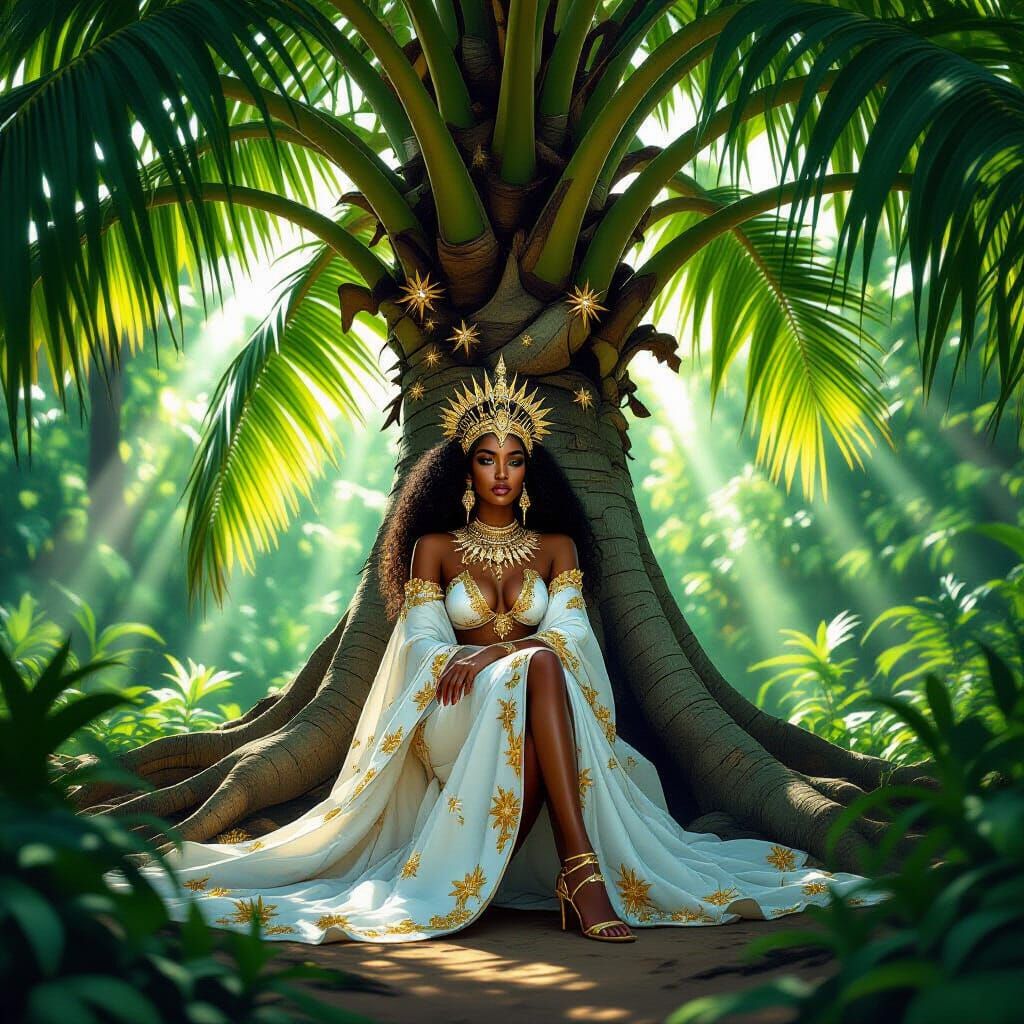 Nubian Queen in Alien Rainforest, Detailed Matte Painting