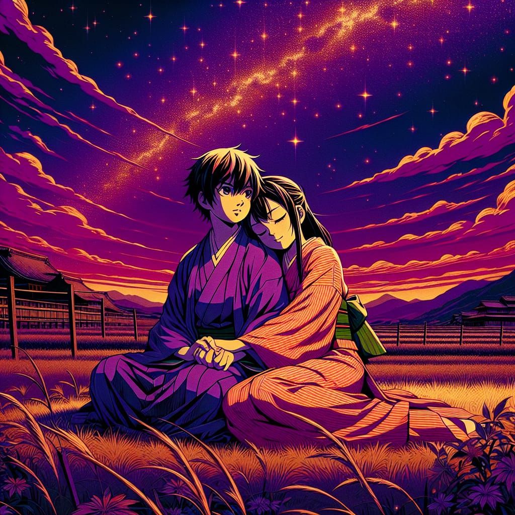 Boy and Girl Embrace in Manga Style Landscape