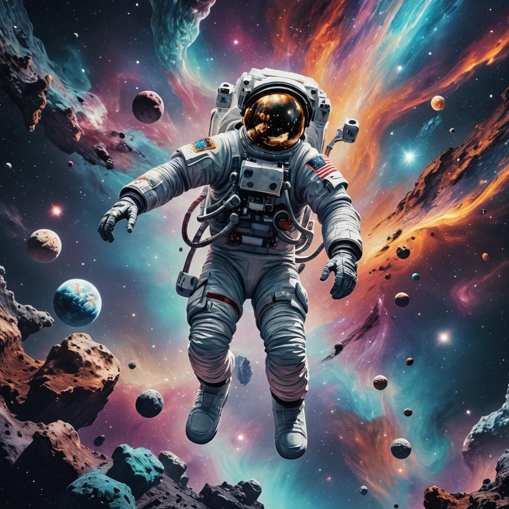 Astronaut Floating in Space, Cosmic Illustration