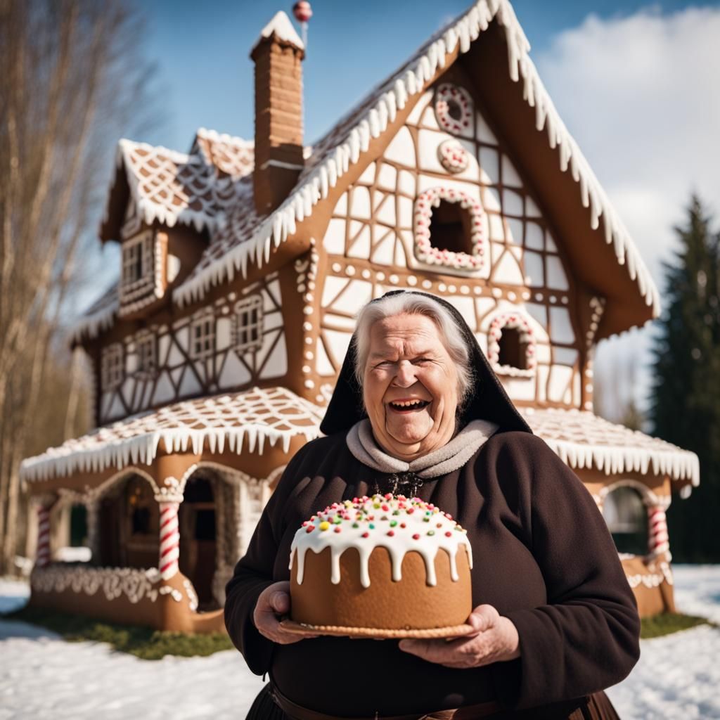 Gingerbread House Witch Greets Hansel and Gretel