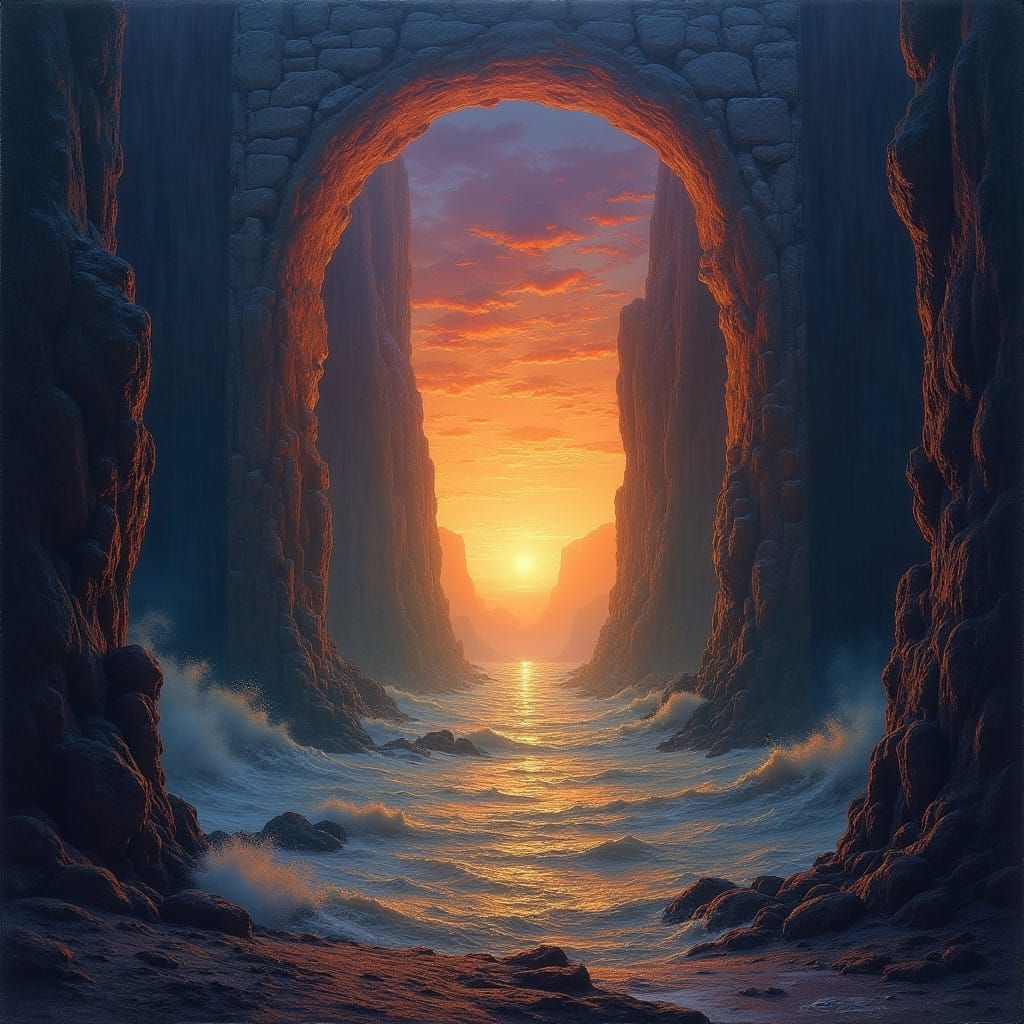 Epic Archway Transcending Darkness, Majestic Colors, Golden....