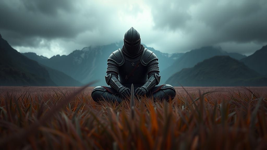 Serene Knight in Dark Fantasy Landscape