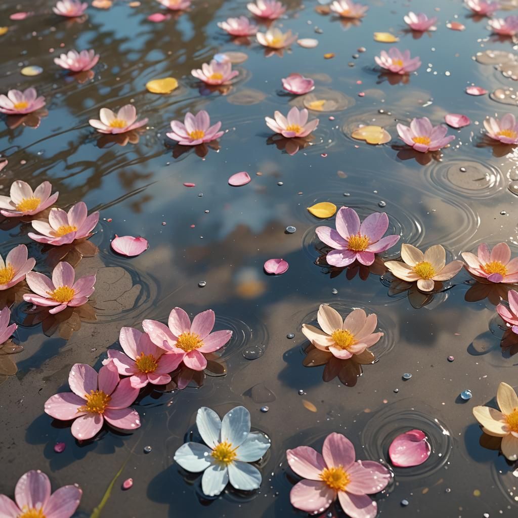 Blossom Petals in Puddle: Hyperrealistic Concept Art