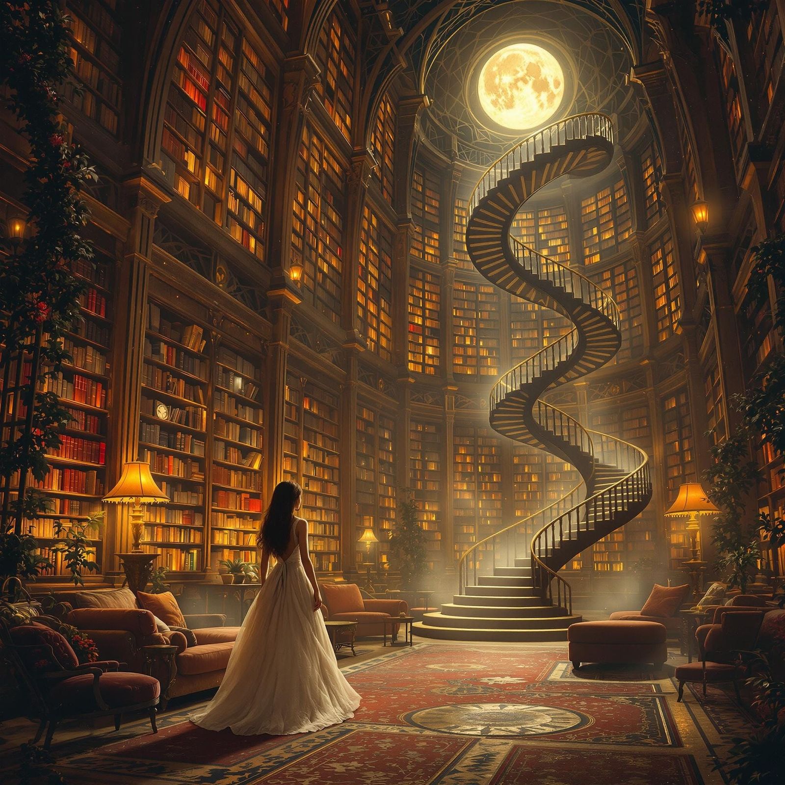 Grand Library Scene in Thomas Kinkade Style