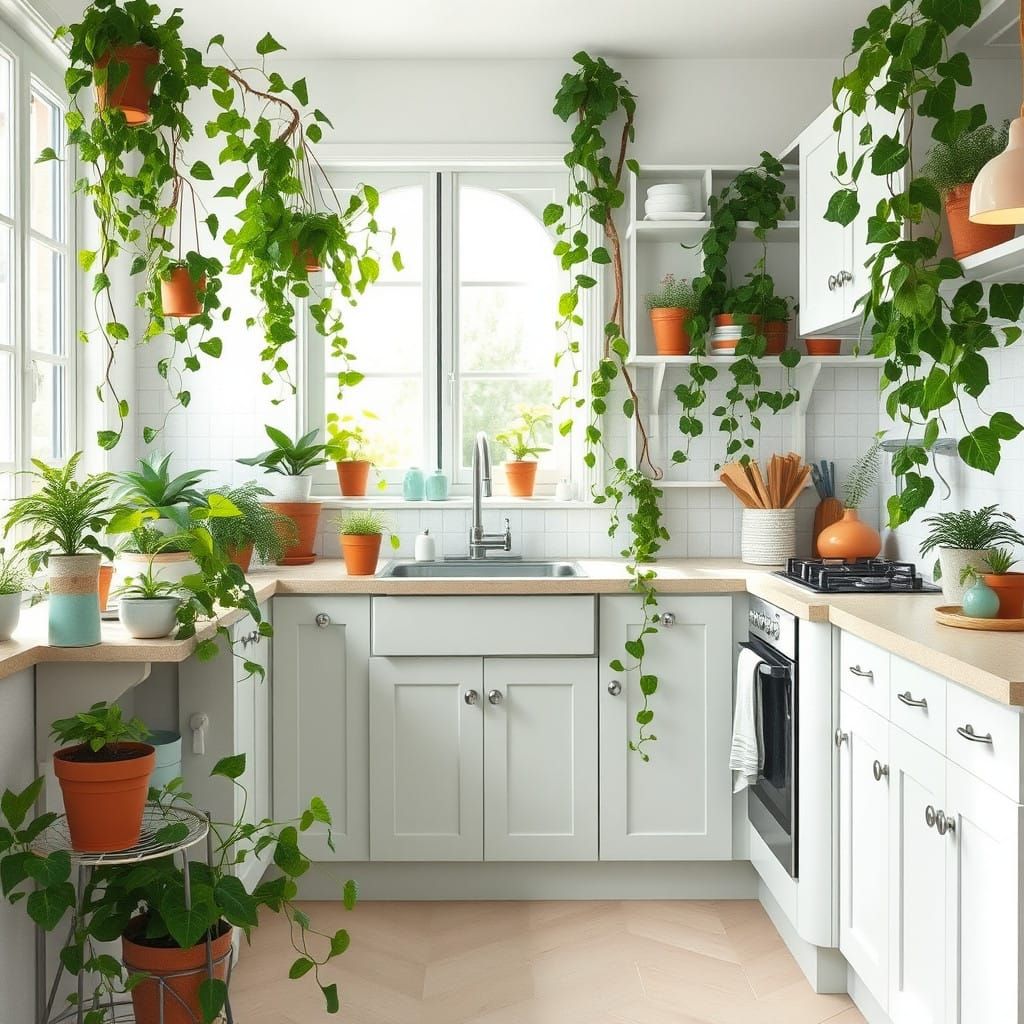 Softly Lit IKEA Akurum Kitchen in a Whimsical Green Oasis
