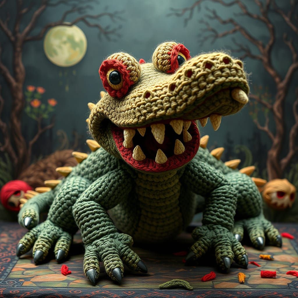 Menacing Crochet Crocodile in Whimsical Folk Art Style