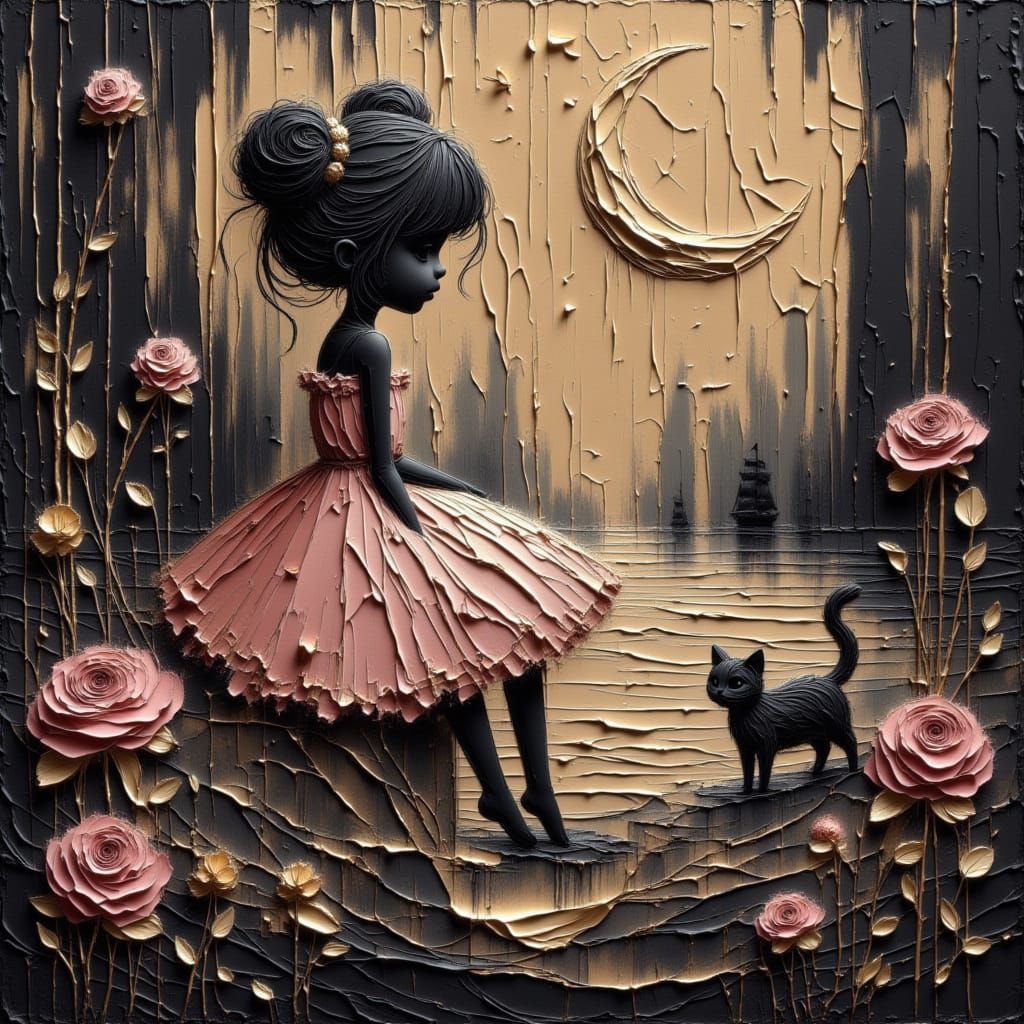 Moonfairy with Cat in Golden Paint Splatters