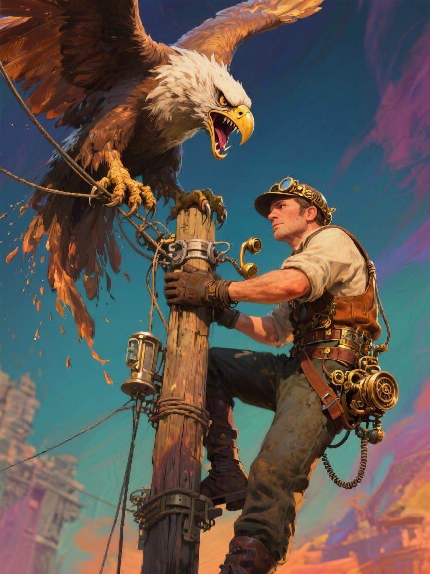 Engineer Confronts Griffin on Telegraph Pole in Hyperrealist...