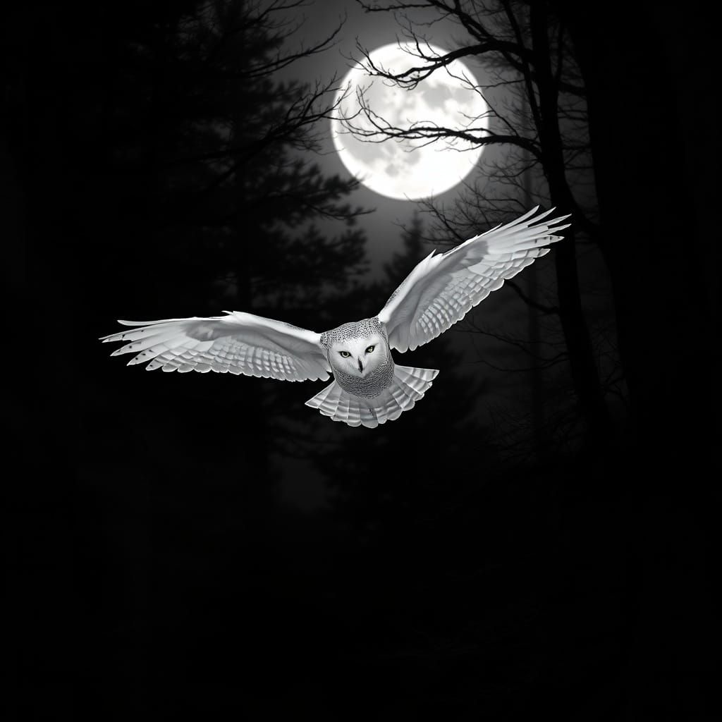 Moonlit Snowy Owl Soars Through Midnight Forest