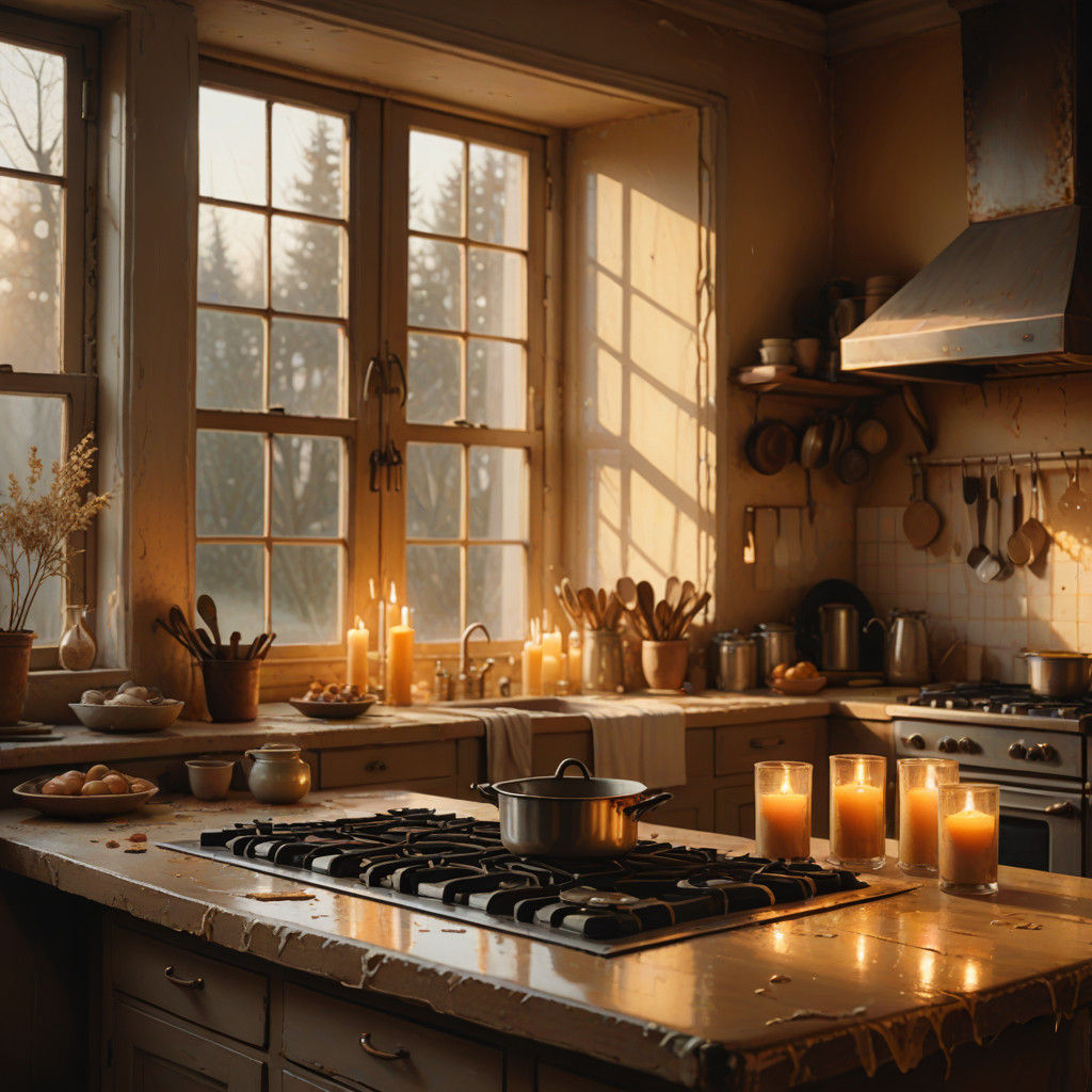 Cozy Kitchen Scene in Warm Oil Painting Style