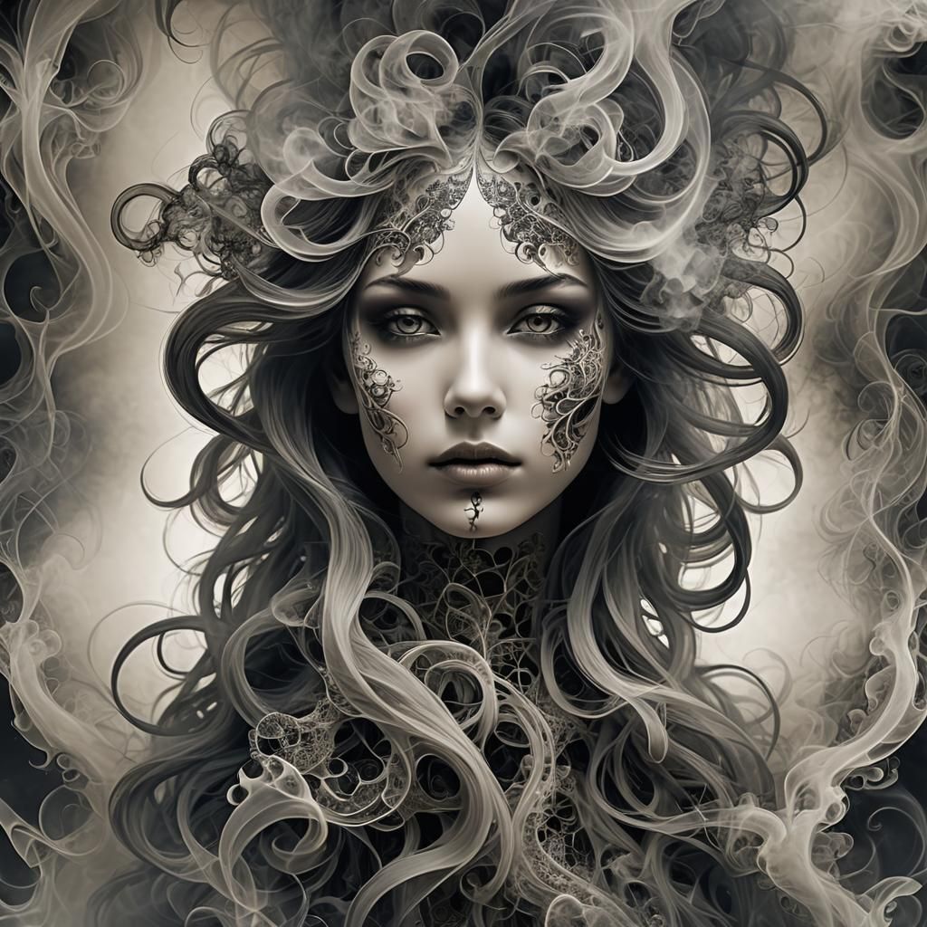 Fractal Face with Smoke Art and Hair