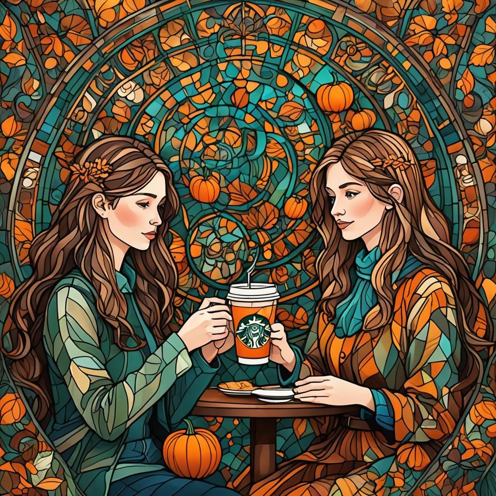Stained Glass: Friends at Starbucks in Autumn