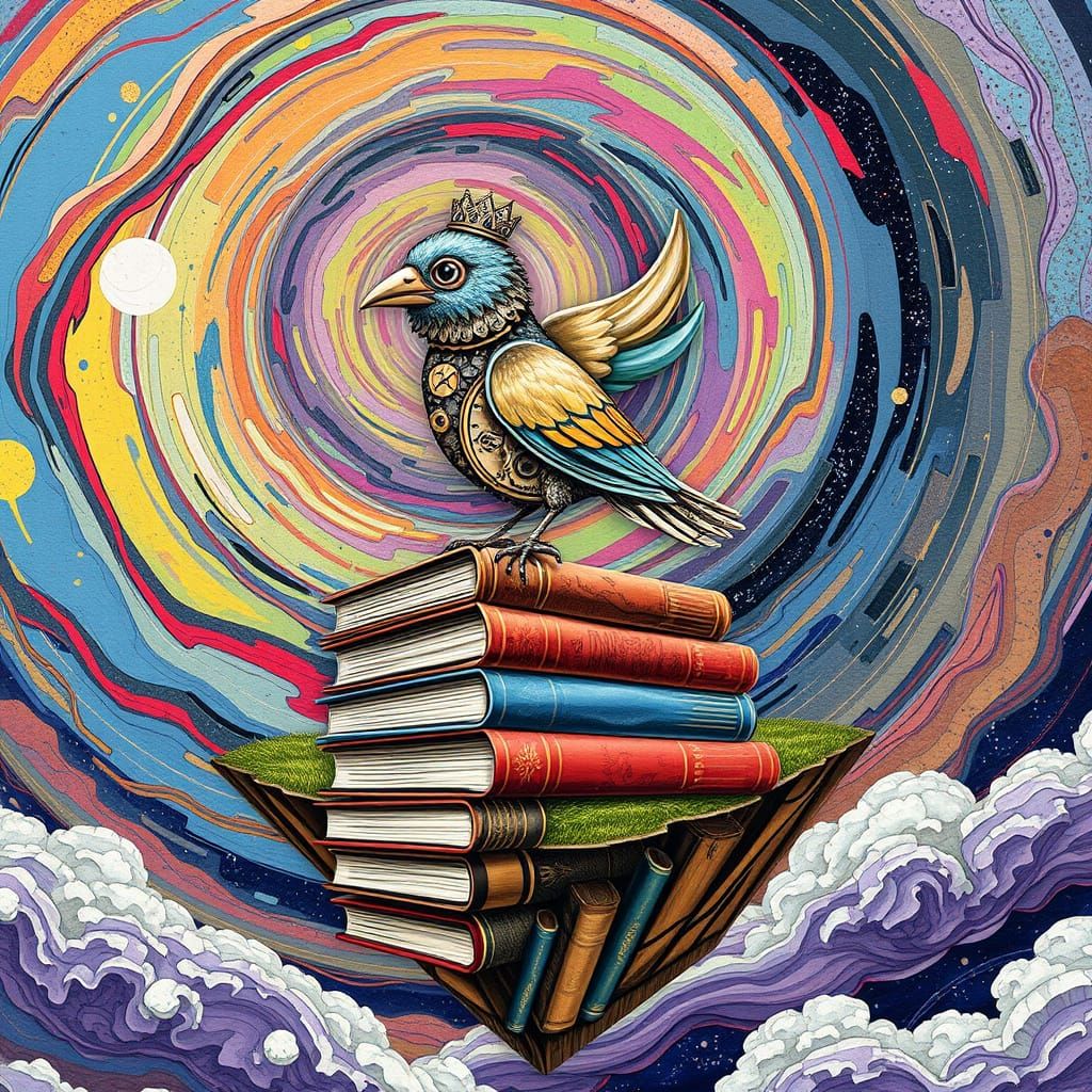 Clockwork Bird on Floating Book Island Collage