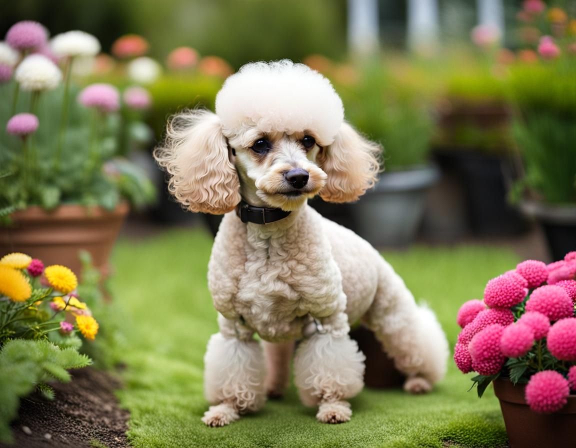 Cute Poodle Dog in Sunny Garden